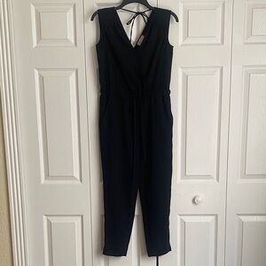 LOFT Black Sleeveless V-Neck Jumpsuit with Tie Waist and Tie Back